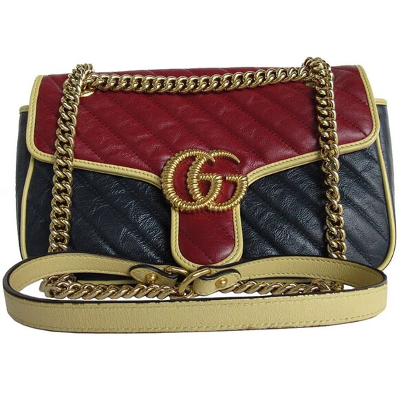 Auth GUCCI GG MarmontShoulder Bag Burgundy/Navy/Gold leather/metal s0033g - Picture 1 of 12